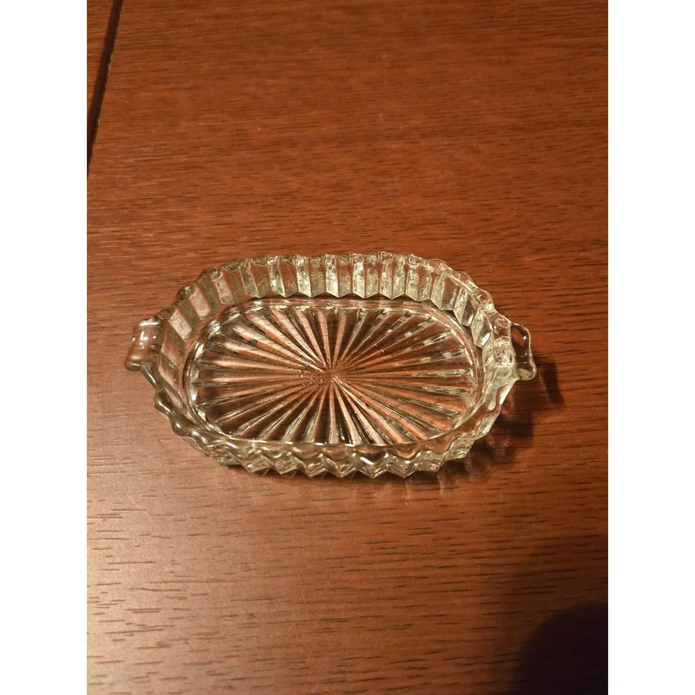 Vintage Clear Pressed Glass Trinket Dish Oval Sunburst Pattern Scalloped Edge
